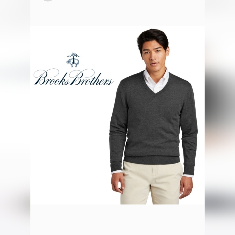 Brooks Brothers Charcoal V-Neck Merino Wool Sweater